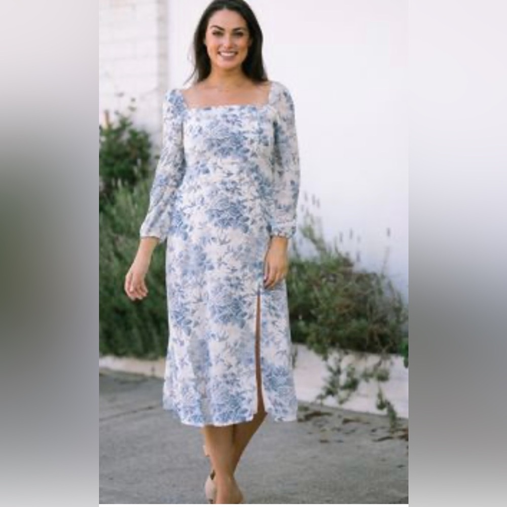 Sunday Up Cream Floral Square Neck Midi Dress Sz L